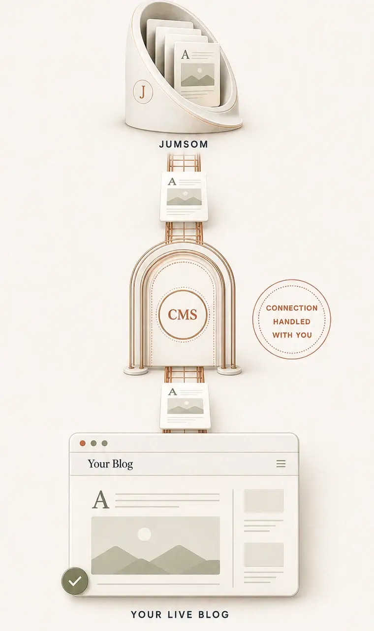 Jumsom article cards moving vertically through a CMS gateway into a live blog