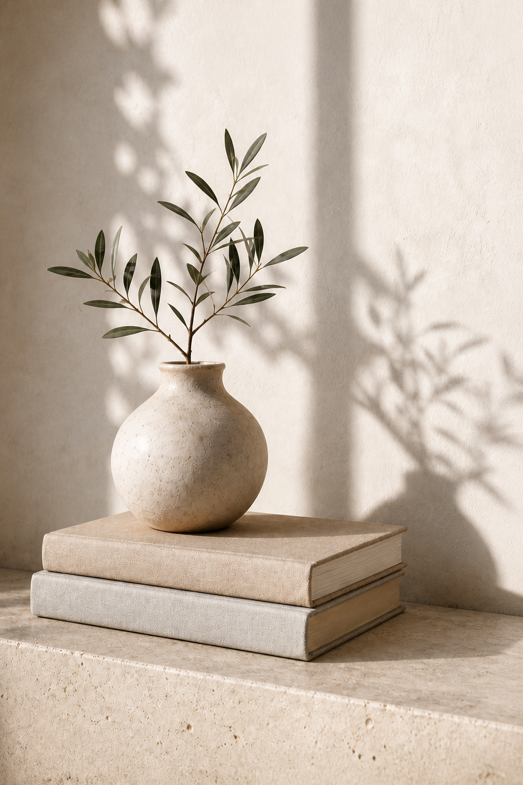 Olive branch in a ceramic vase resting on two books
